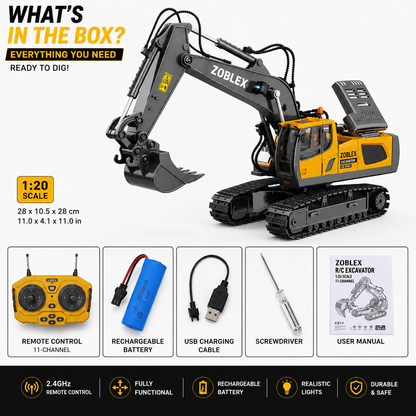 Zoblex™ BuildMaster RC Excavator – 11-Channel Construction Machine