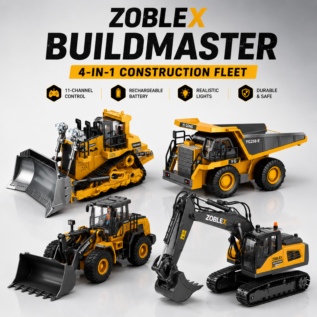 Zoblex™ BuildMaster RC Excavator – 11-Channel Construction Machine